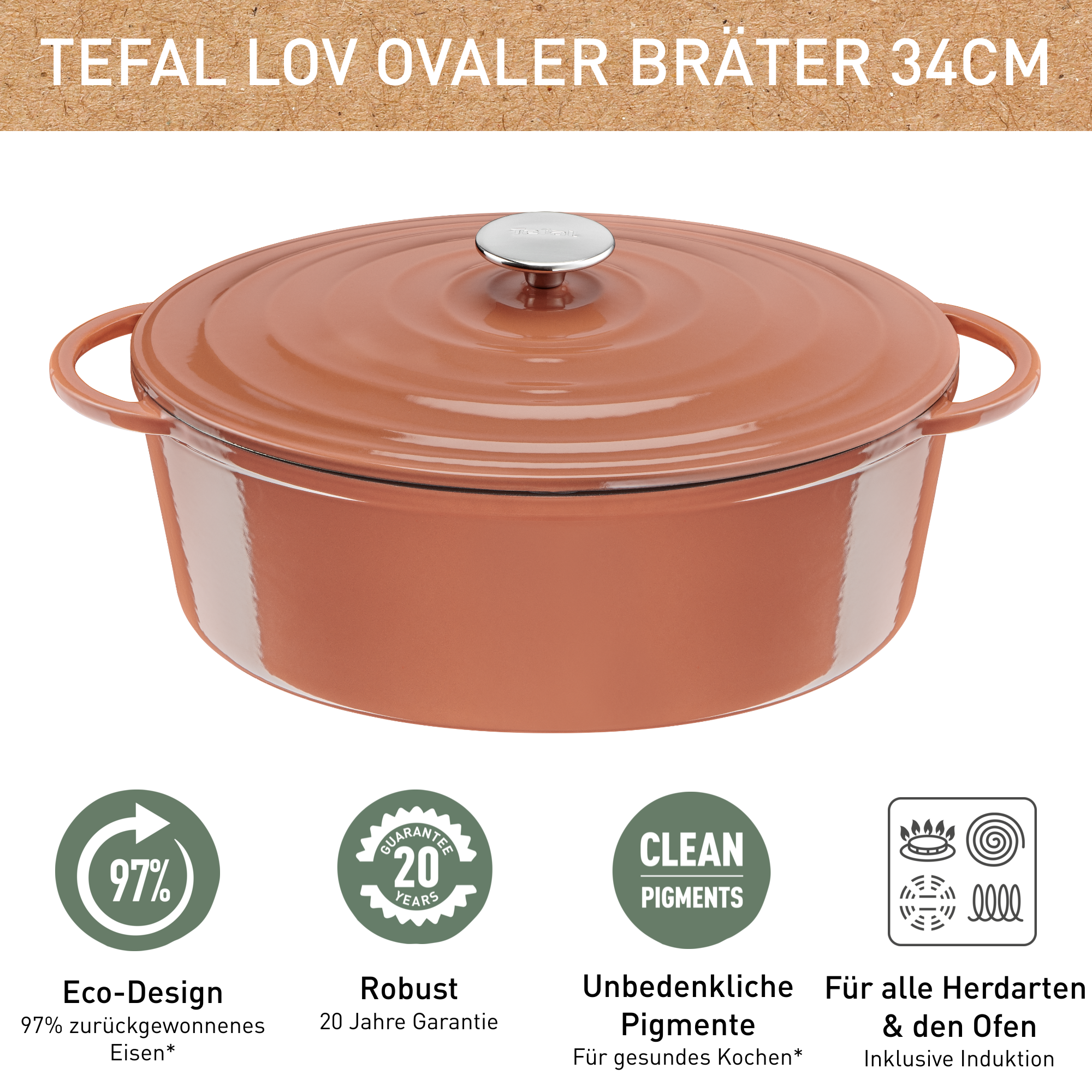 Lov Gusseisen Ovaler Bräter terracotta orange 34cm,E26006
