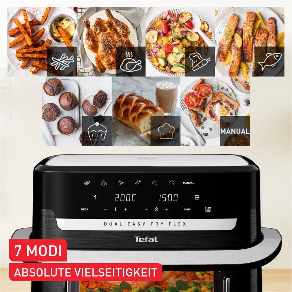 Dual Easy Fry Flex, Heißluftfritteuse, FlexCook Trennwand, 9L, EY9228