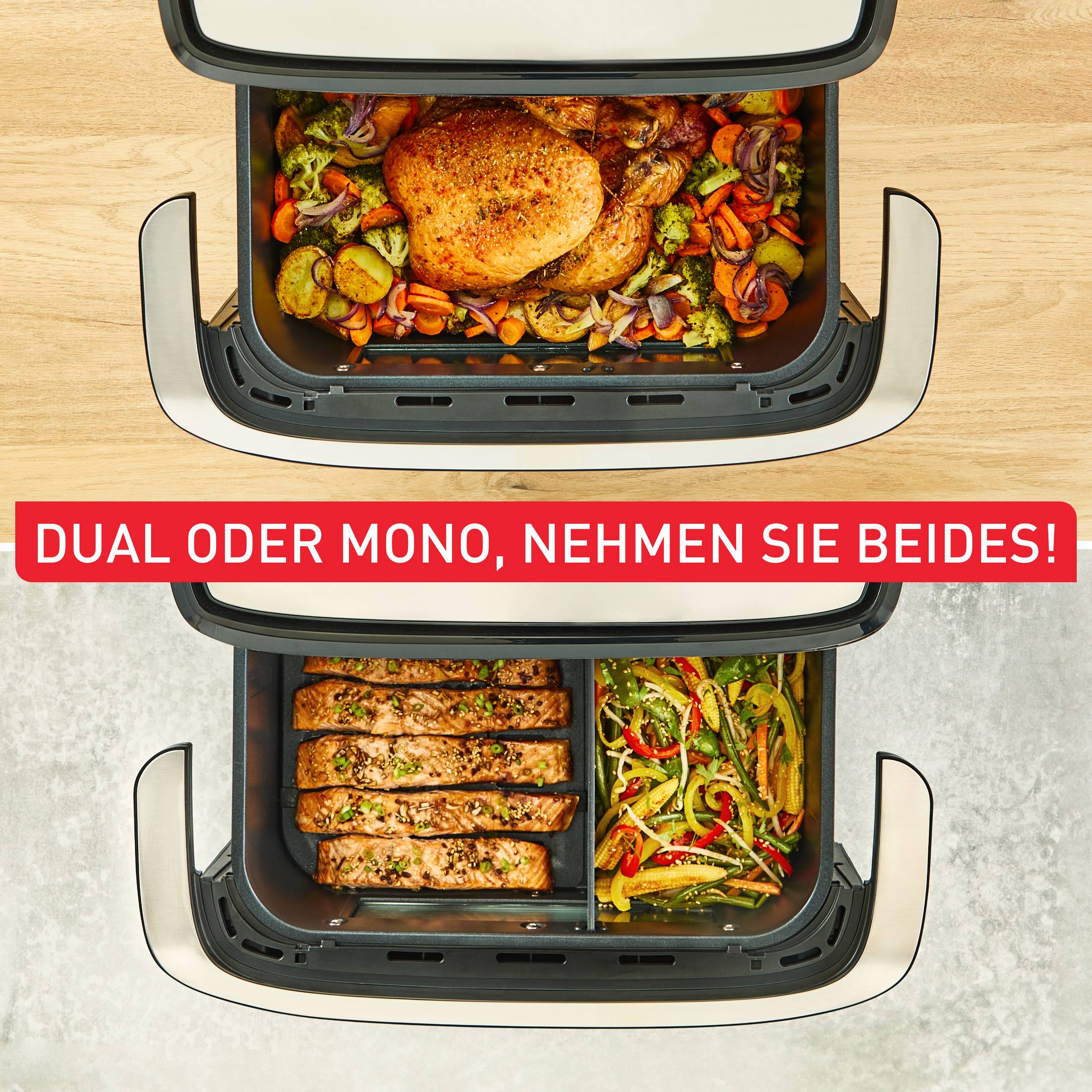 Dual Easy Fry Flex, Heißluftfritteuse, FlexCook Trennwand, 9L, EY9228