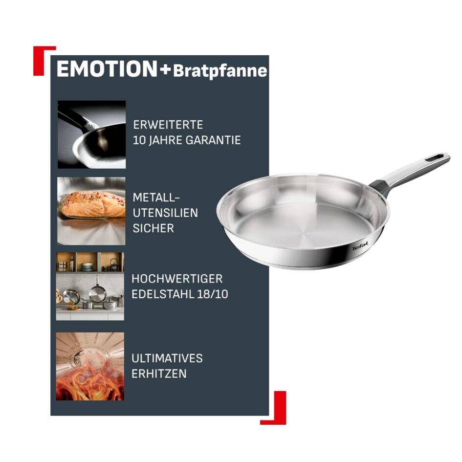 Emotion+ Bratpfanne 28 cm, Premium-Edelstahl, 10 Jahre Garantie, Induktion, 4-5 Portionen
