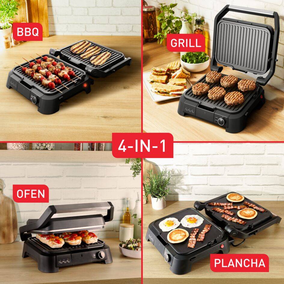 SuperGrill 4in1, Kontaktgrill, Barbecue- & Ofenposition, Plancha