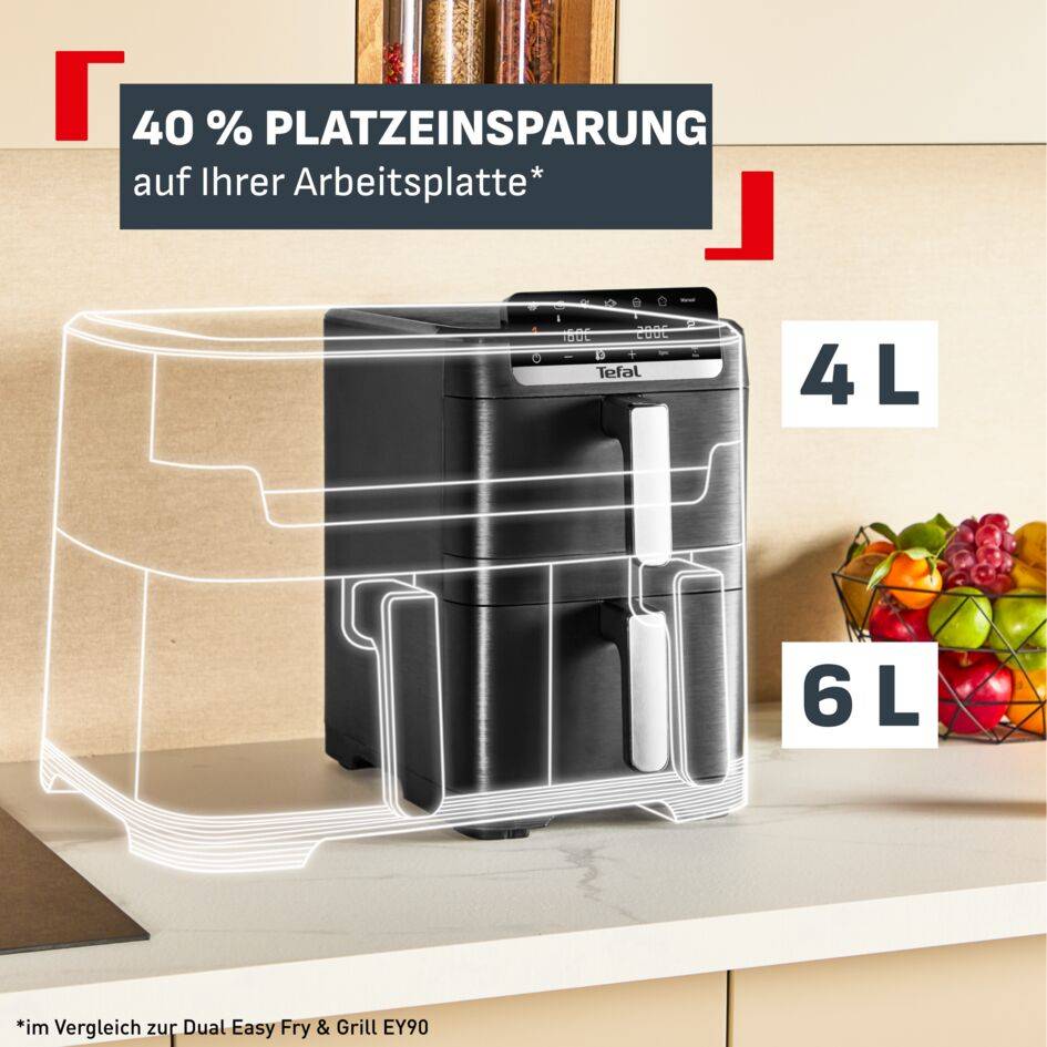 Easy Fry Crispy Stack, Doppelkammer-Heißluftfritteuse, platzsparend und kompakt