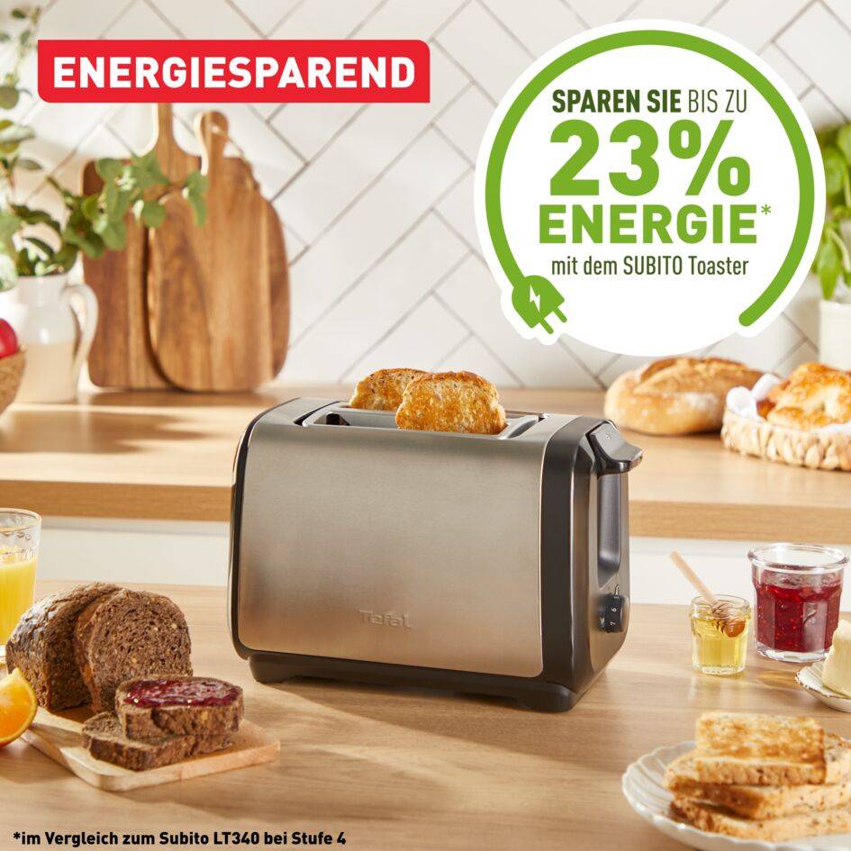 Subito, 2-Scheiben-Toaster mit Brötchenaufsatz, schnelleres Toasten, Schwarz & Inox