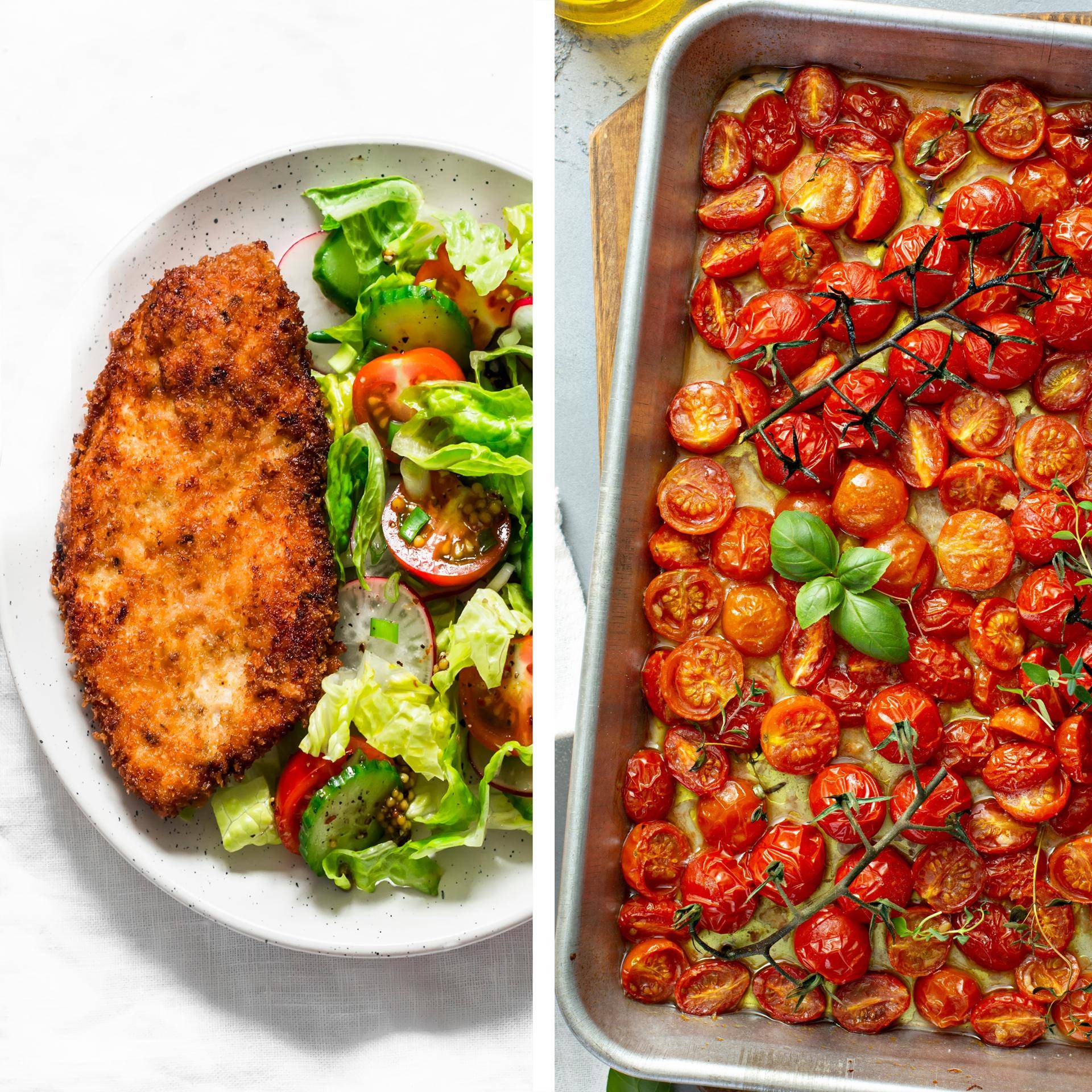 Mailänder Schnitzel, mediterraner Salat und geröstete Kirschtomaten - Rezepte DUAL EASY FRY XXL | Tefal