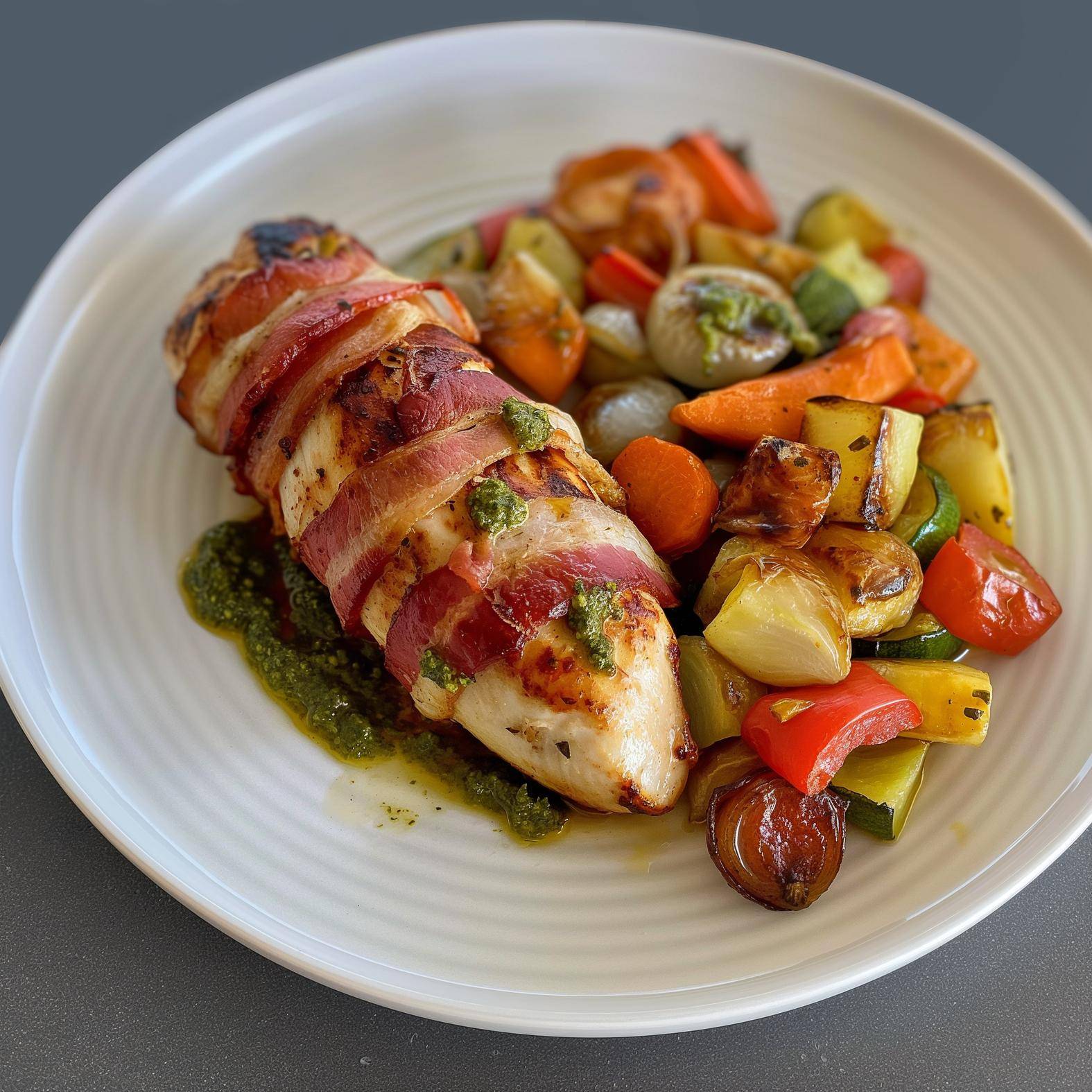 Hähnchenfilets mit Speck und Gemüse mit rotem Pesto - Rezepte Easy Fry Mega | Tefal