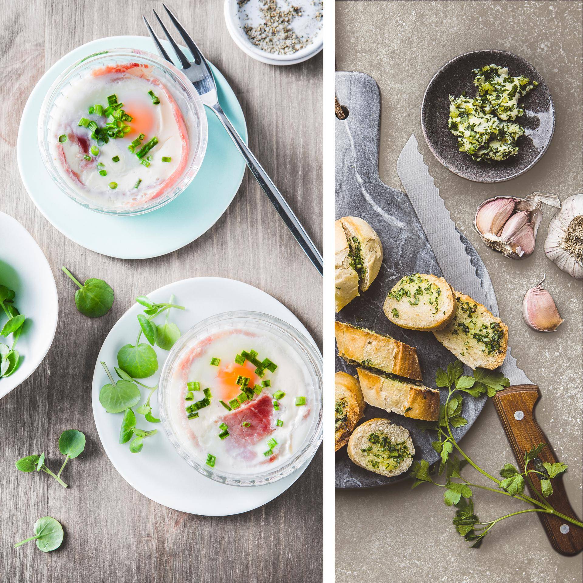 Eierauflauf mit Pancetta und Knoblauchbrot - Rezepte DUAL EASY FRY XXL | Tefal