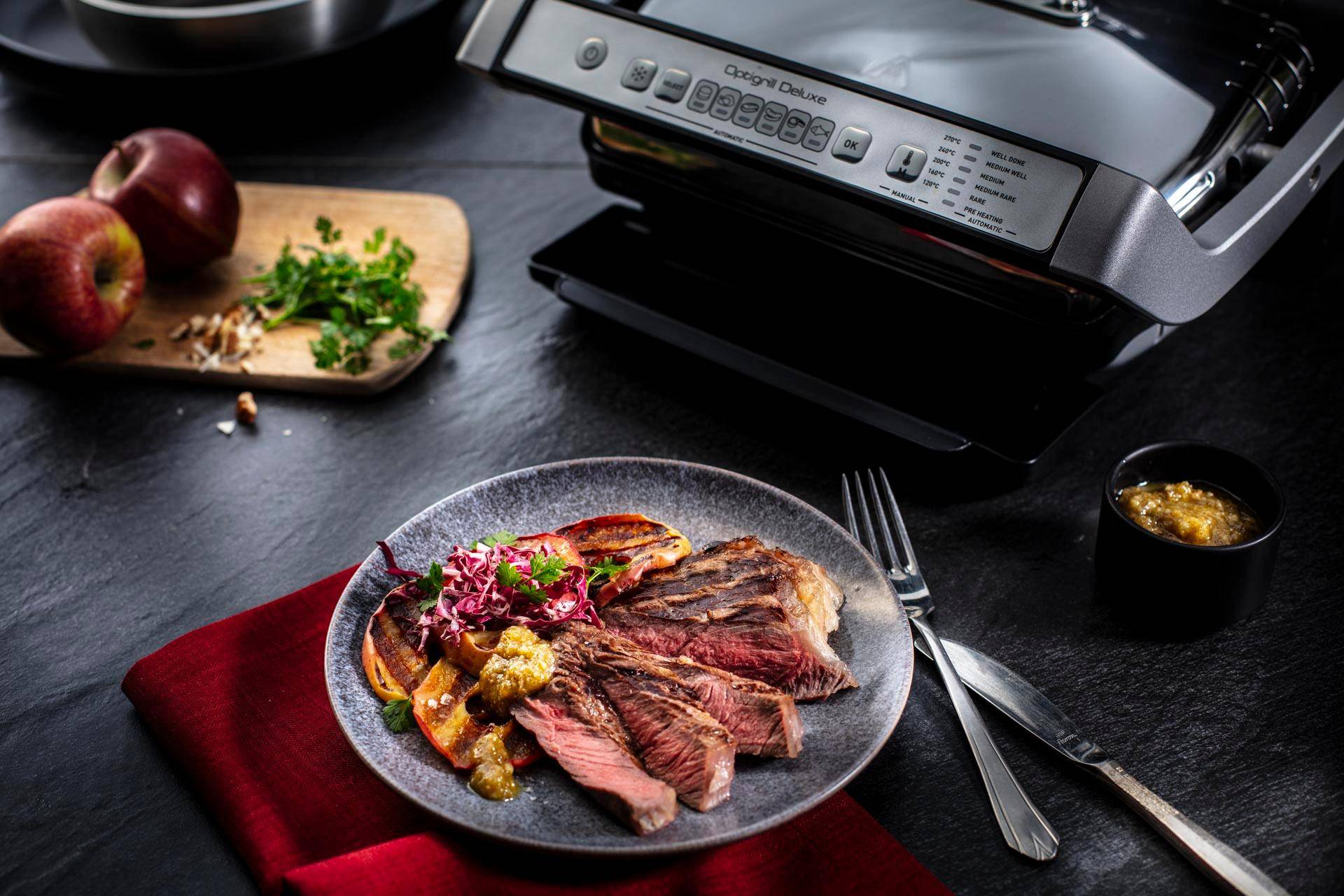 Rumpsteak mit gegrilltem Apfel und Nusspesto - Rezepte OptiGrill + | Tefal