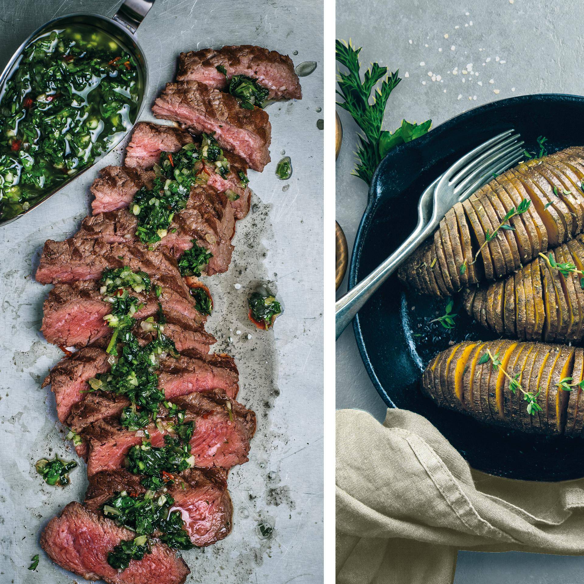 Rindersteak mit Chimichurri und Hasselback-Süßkartoffeln - Rezepte Easy Fry XL Surface | Tefal